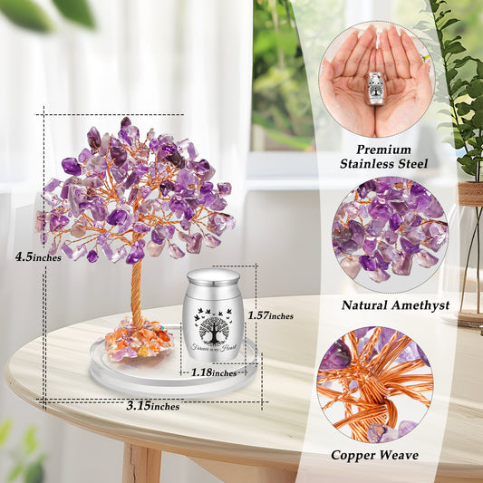 Small Urns for Human Ashes Cremation Keepsakes Urn Stainless Steel 1.57 inches Mini Urn for Human Ashes with Amethyst Crystal Tree Decorative Urn Tree of Life Cremations Ash Keepsake