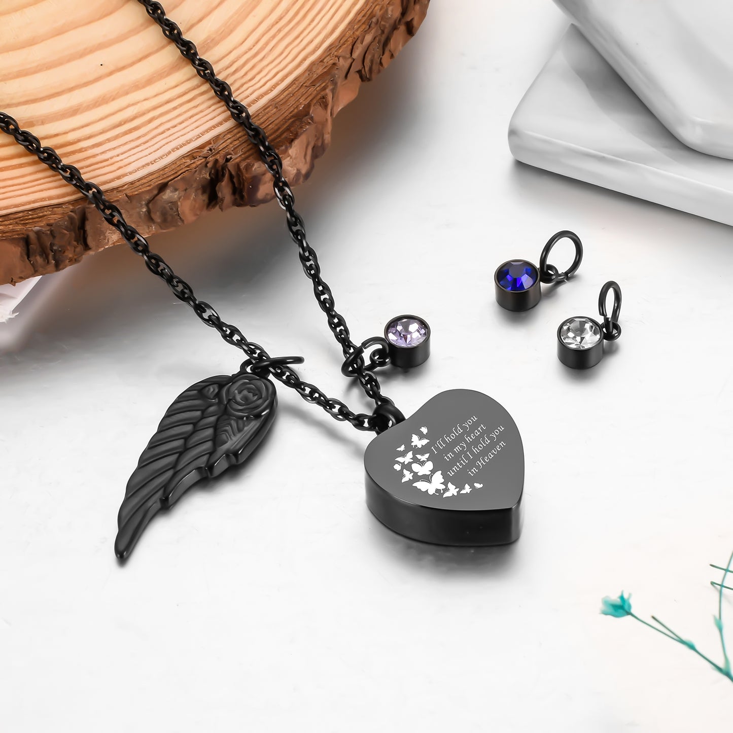 Dark Heart Memorial Necklace with Angel Wing and Crystal