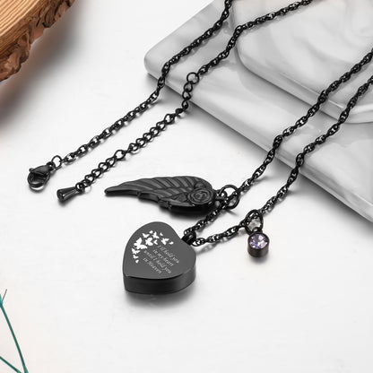 Dark Heart Memorial Necklace with Angel Wing and Crystal