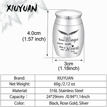 Stainless Steel Mini Keepsake Urn -Your Wings Were Ready, But My Heart Was Not