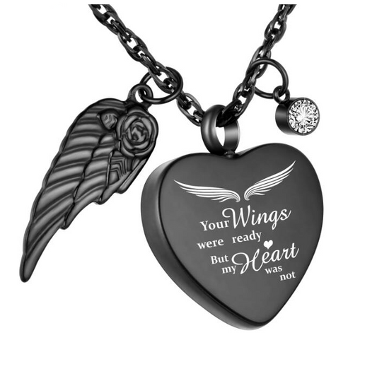 Black Heart Memorial Pendant with Angel Wing