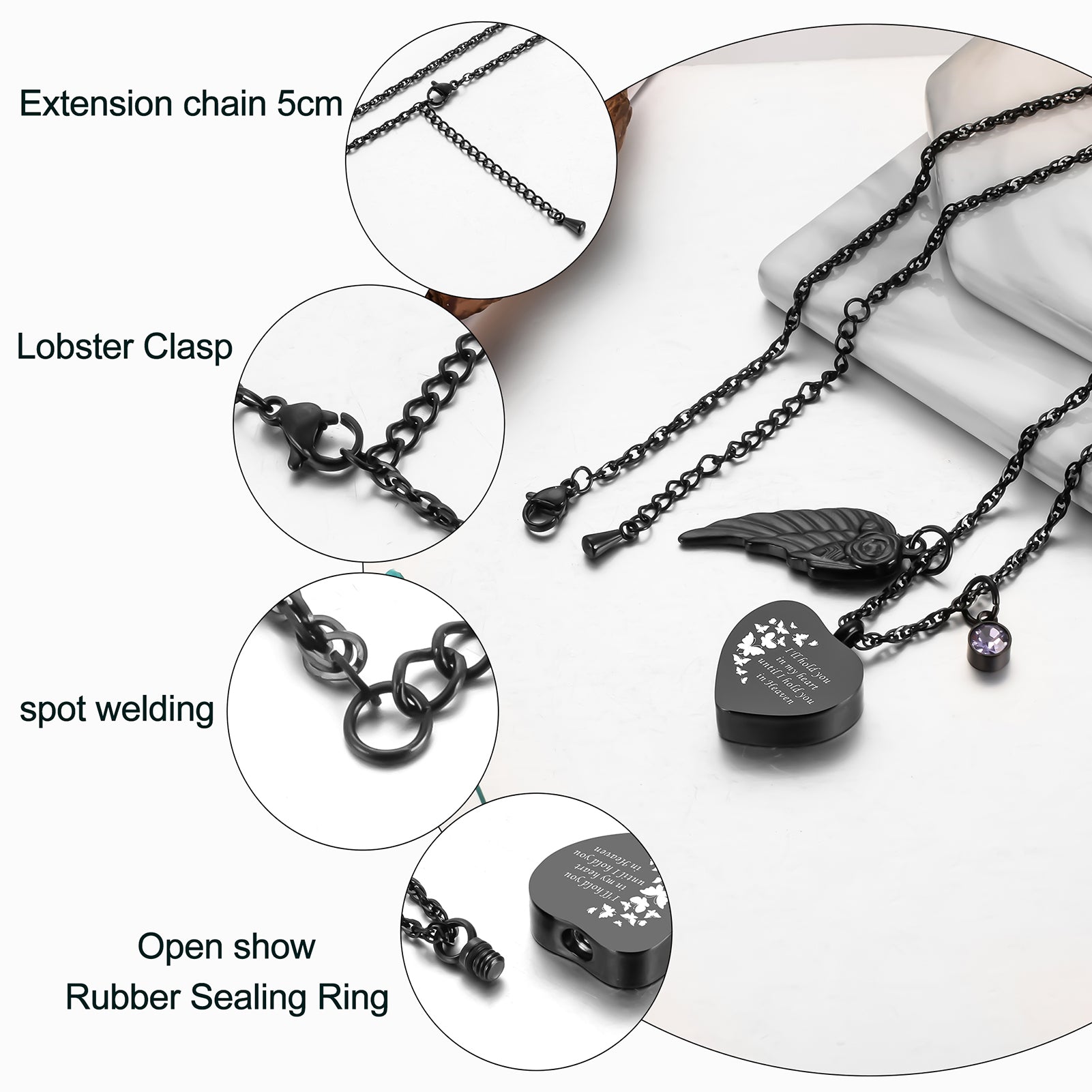 Dark Heart Memorial Necklace with Angel Wing and Crystal