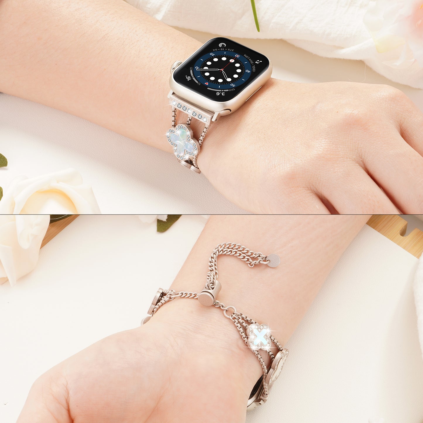 XIUDA Women Flower Stainless Steel IWatch Band