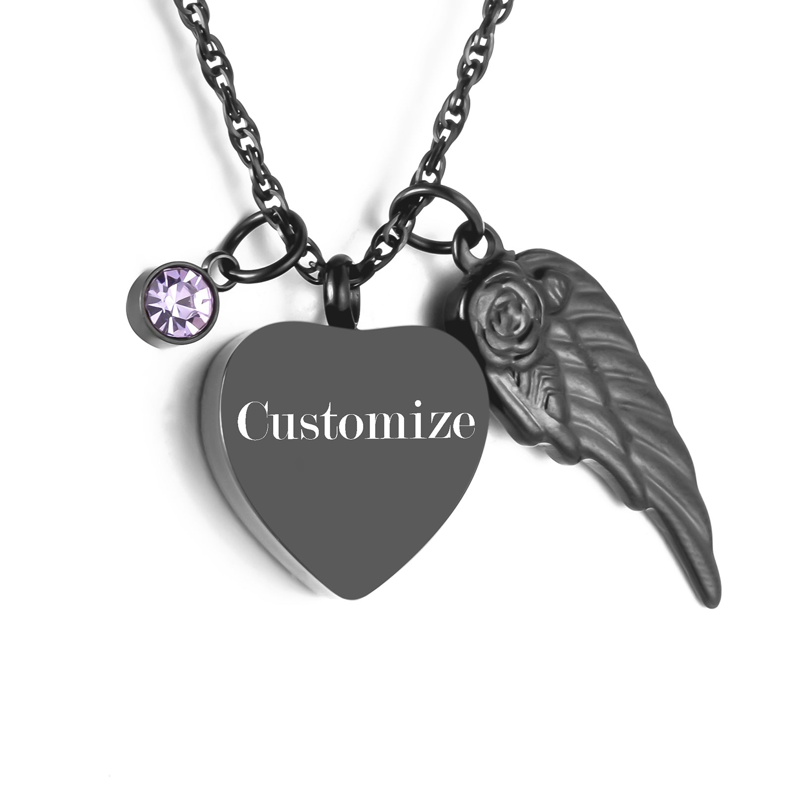 Dark Heart Memorial Necklace with Angel Wing and Crystal