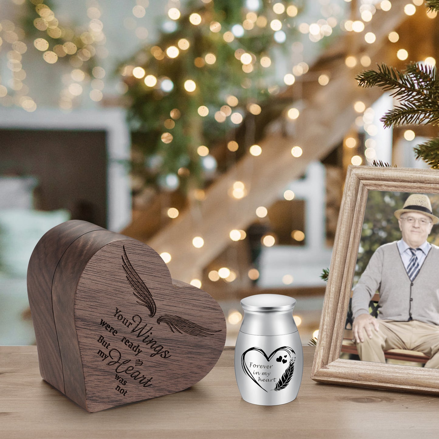 Stainless Steel 1.18in Mini Urn with Wood Heart Box for Ashes Keepsake