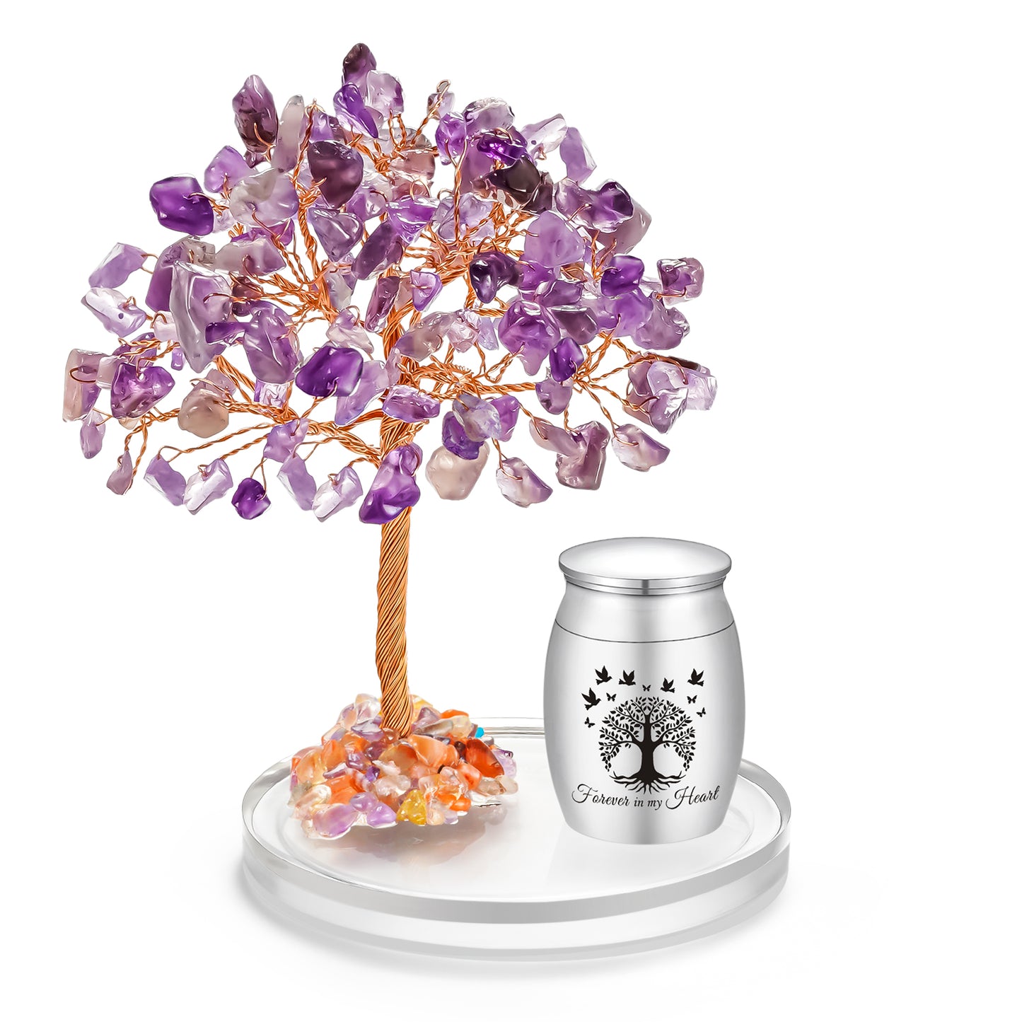 Small Urns for Human Ashes Cremation Keepsakes Urn Stainless Steel 1.57 inches Mini Urn for Human Ashes with Amethyst Crystal Tree Decorative Urn Tree of Life Cremations Ash Keepsake