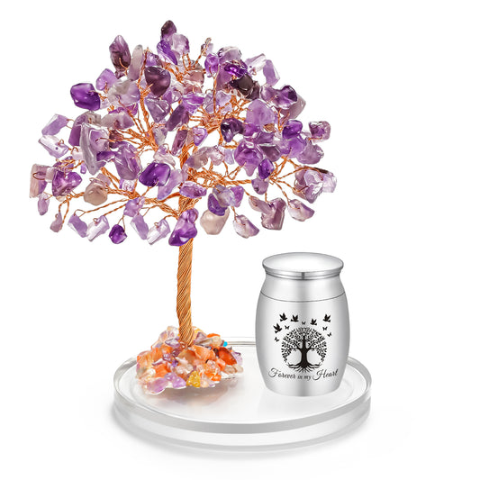 Small Urns for Human Ashes Cremation Keepsakes Urn Stainless Steel 1.57 inches Mini Urn for Human Ashes with Amethyst Crystal Tree Decorative Urn Tree of Life Cremations Ash Keepsake