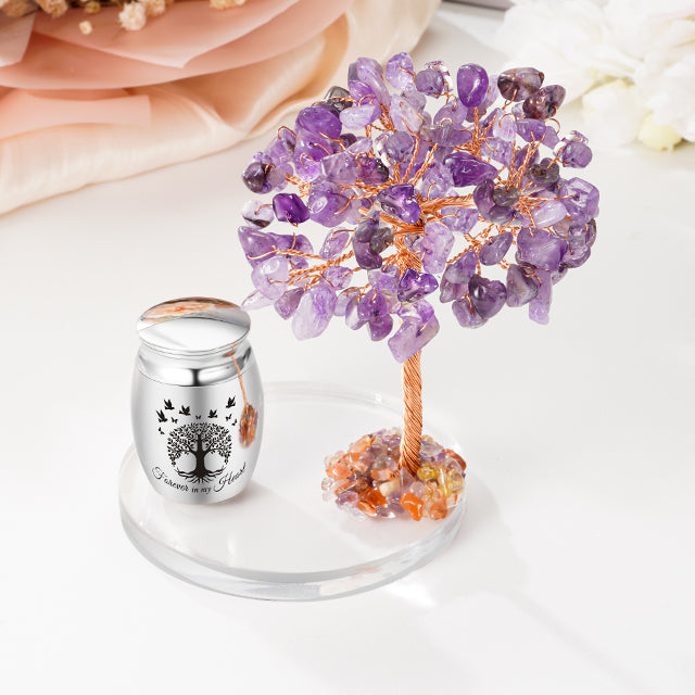 Small Urns for Human Ashes Cremation Keepsakes Urn Stainless Steel 1.57 inches Mini Urn for Human Ashes with Amethyst Crystal Tree Decorative Urn Tree of Life Cremations Ash Keepsake