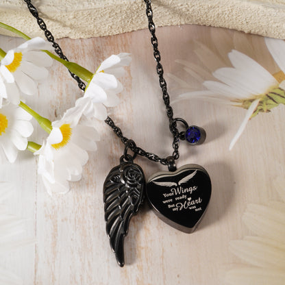 Black Heart Memorial Pendant with Angel Wing