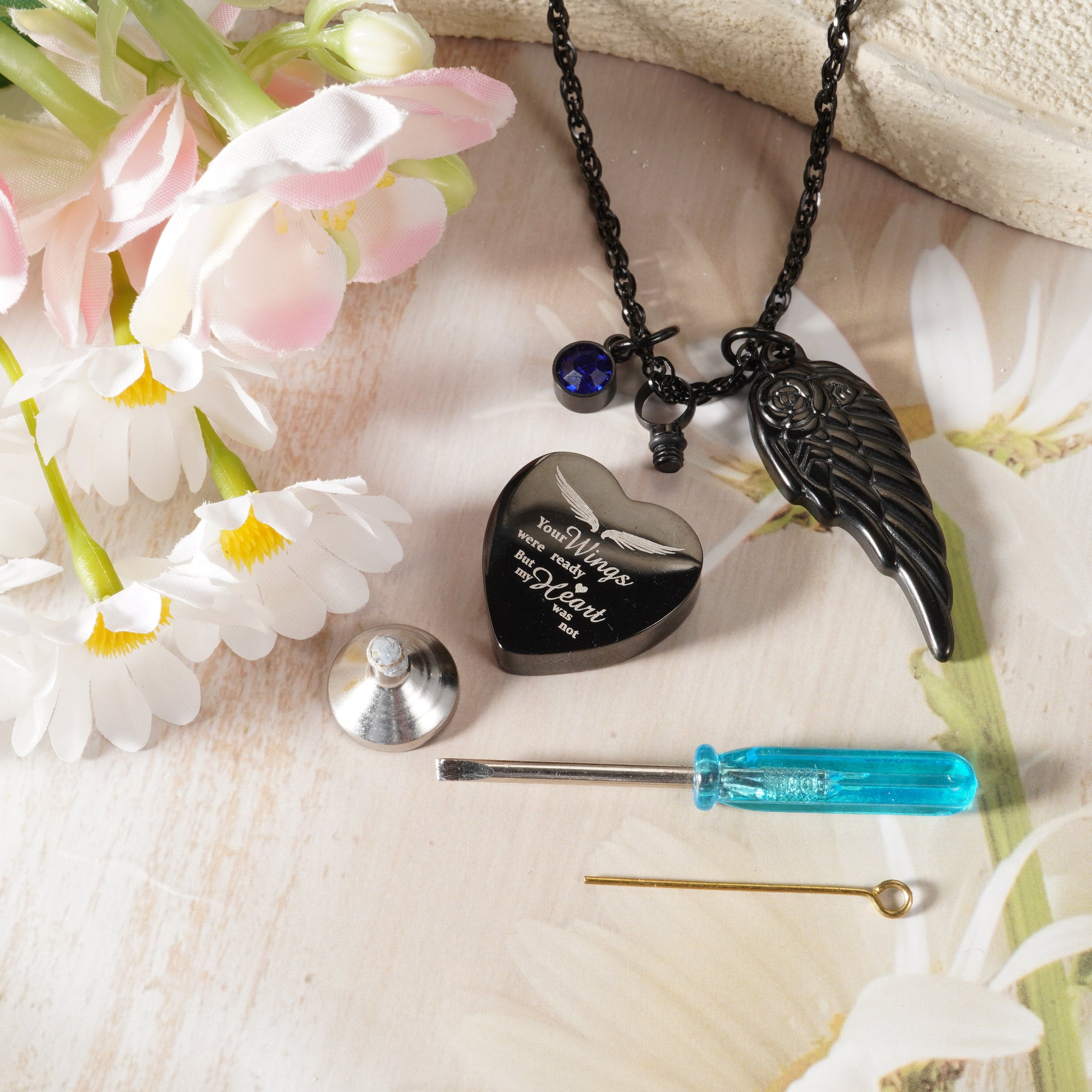 Black Heart Memorial Pendant with Angel Wing