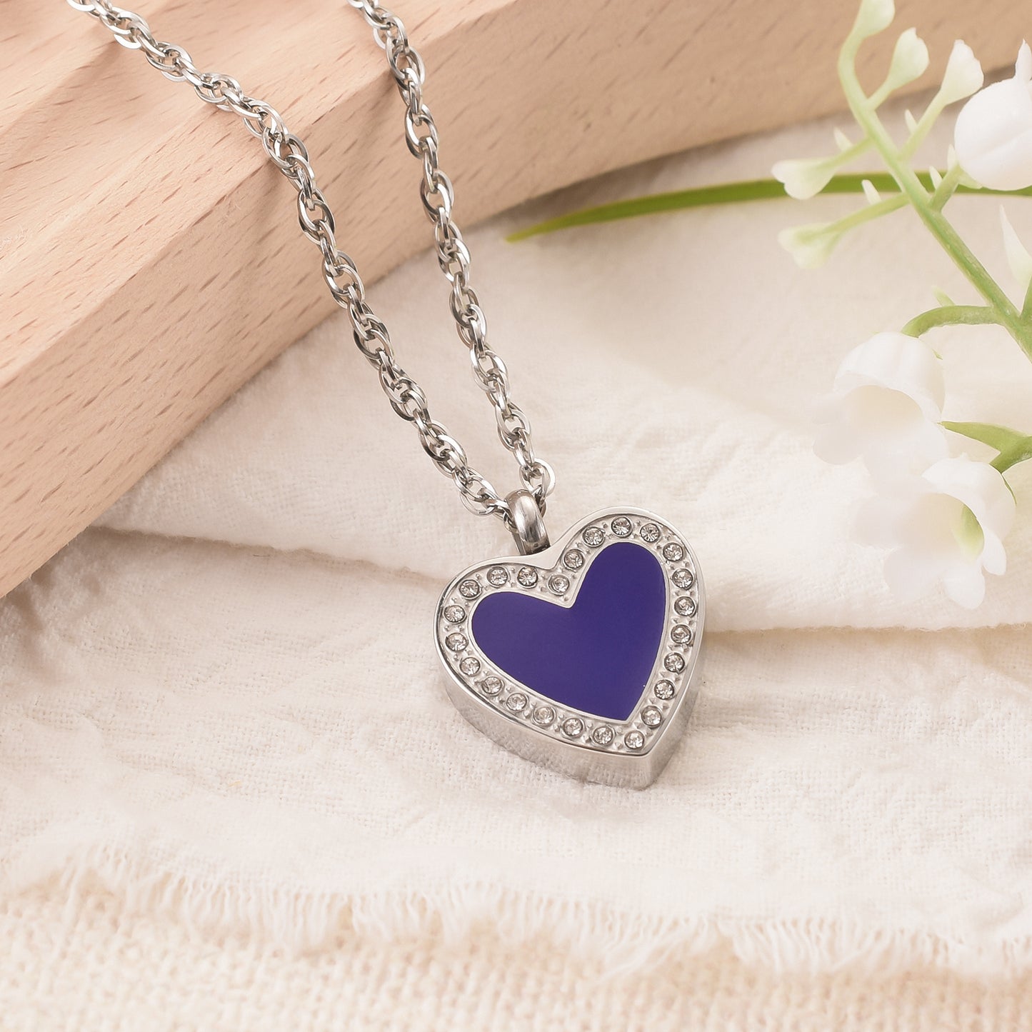 Purple Enamel Rhinestone Heart Memorial Necklace