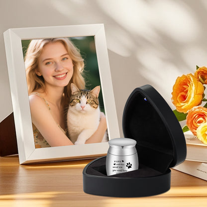 XIUDA 1.57 inch Mini Cat Cremation Urn for Ashes, Pet Paw Stainless Steel Memorial Ashes Holder with Heart Box