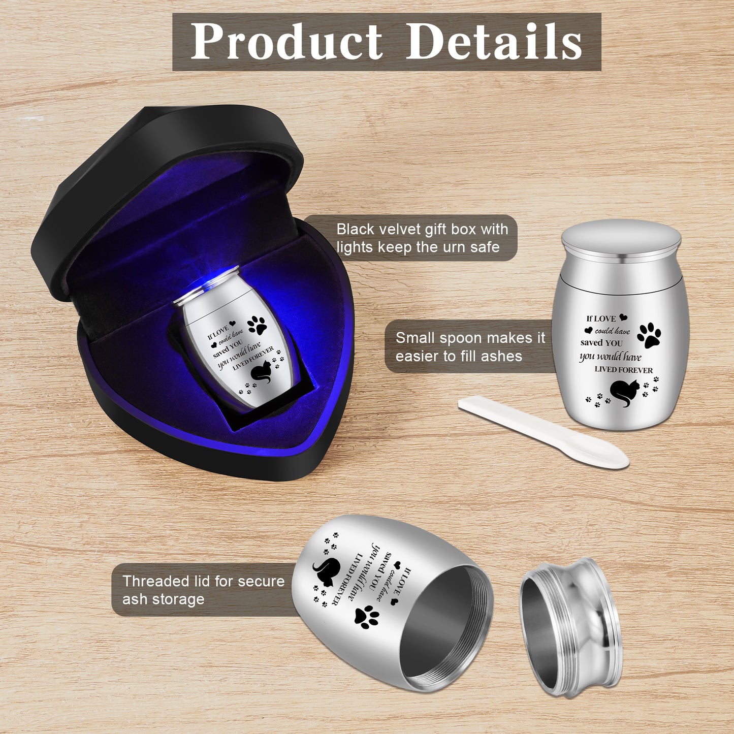 XIUDA 1.57 inch Mini Cat Cremation Urn for Ashes, Pet Paw Stainless Steel Memorial Ashes Holder with Heart Box